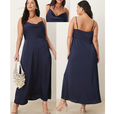 Vestido largo azul marino de tirantes con cuello desbocado de satén