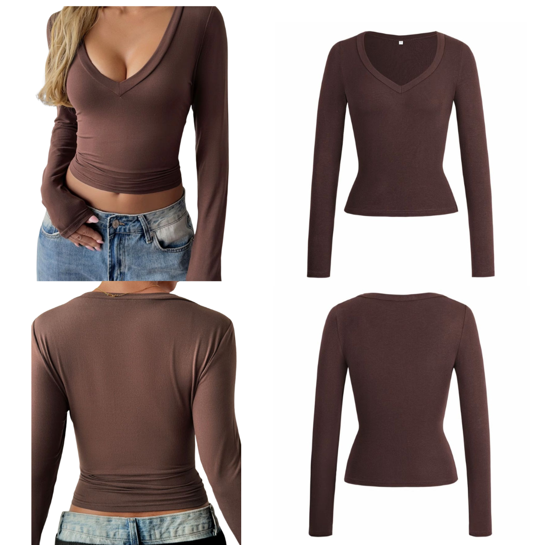 Camiseta con cuello en V y manga larga