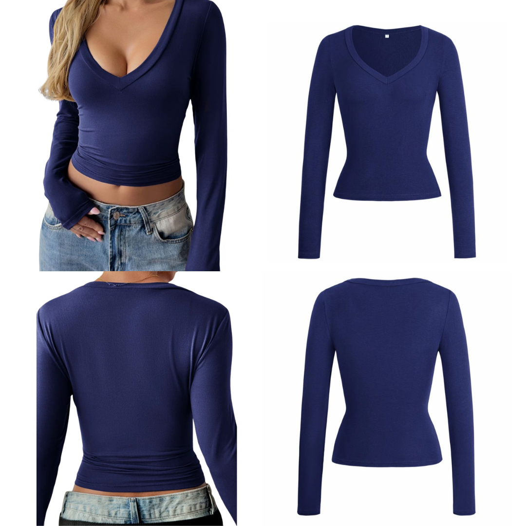 Camiseta con cuello en V y manga larga
