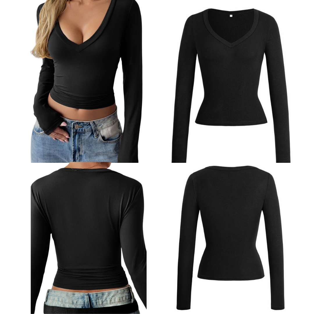 Camiseta con cuello en V y manga larga