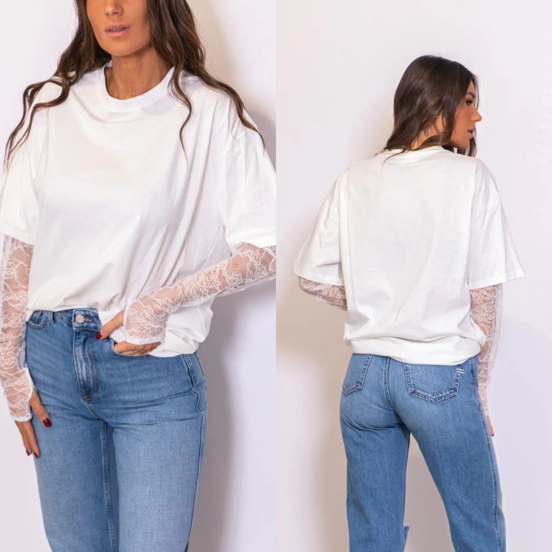 Laura-Camiseta cuello redondo con detalle de encaje en las mangas