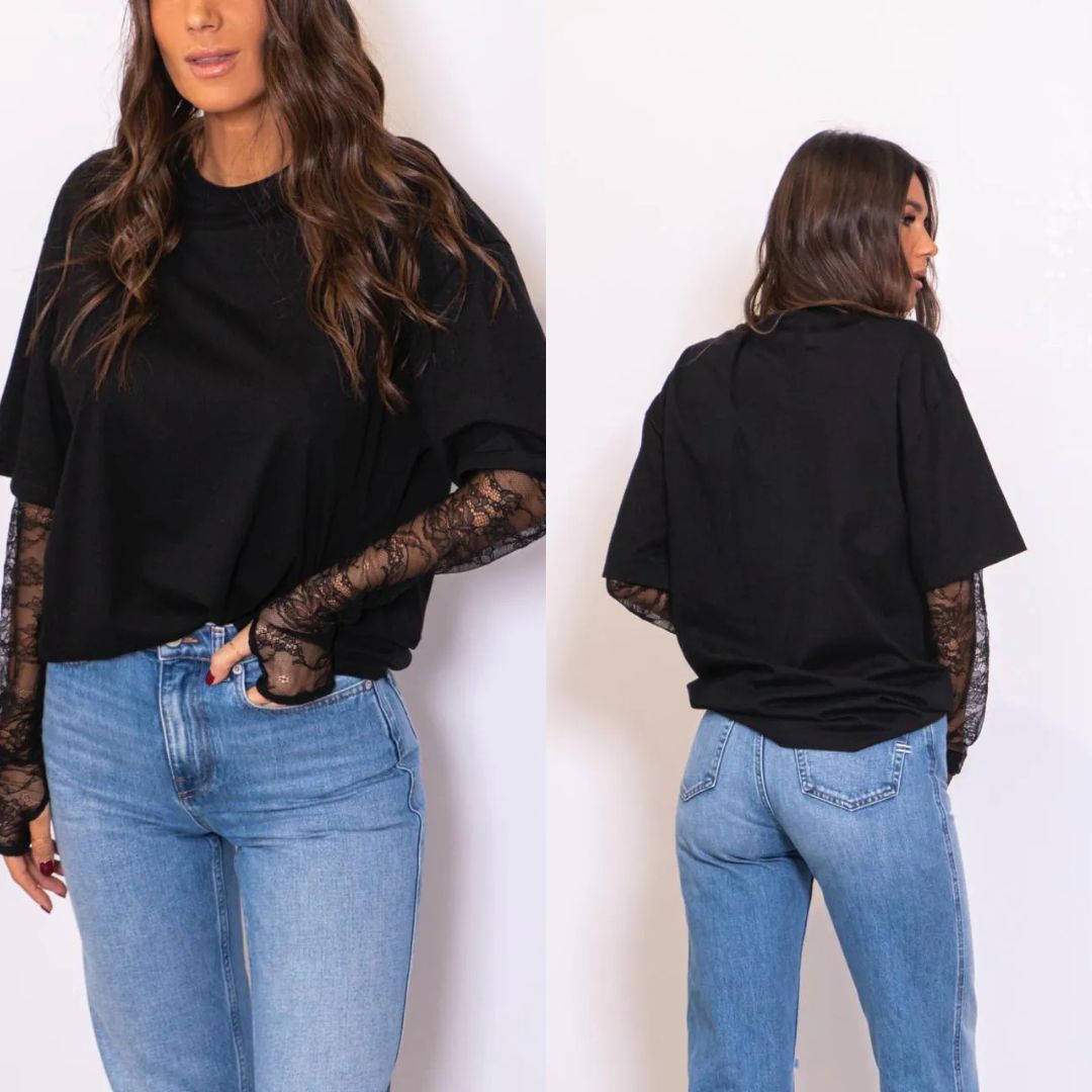 Laura-Camiseta cuello redondo con detalle de encaje en las mangas