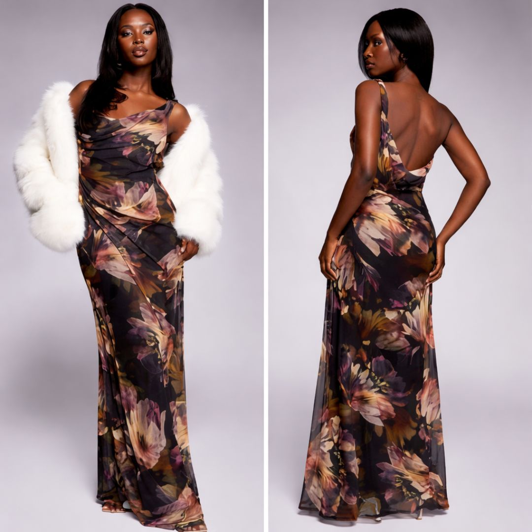 Vestido largo oscuro de tirantes con estampado floral y detalle de costuras