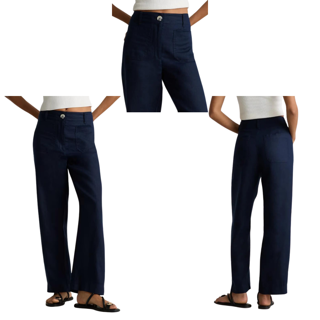 Pantalones de pierna ancha con bolsillos de parche, 100 % lino europeo