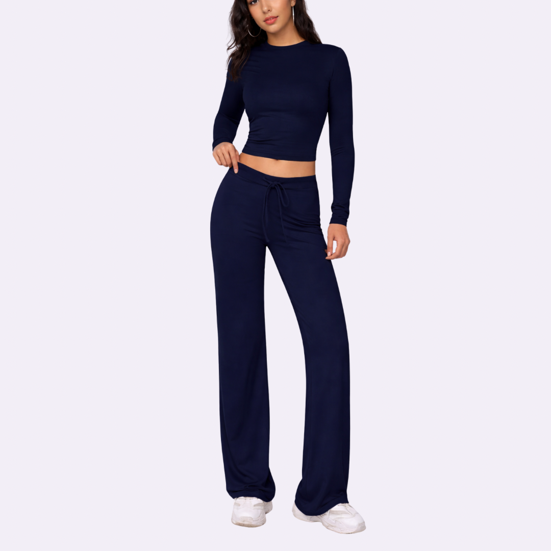 Conjunto 2 piezas para mujer: top corto de manga larga liso y pantalones rectos con cordón