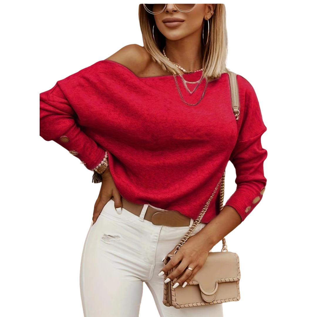 Camiseta de mujer con cuello asimétrico y botones decorativos