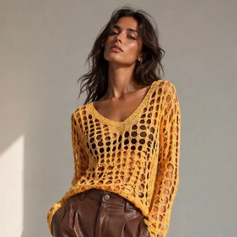 Top de mujer informal de ajuste holgado con cuello en V, diseño calado para toda estaciones