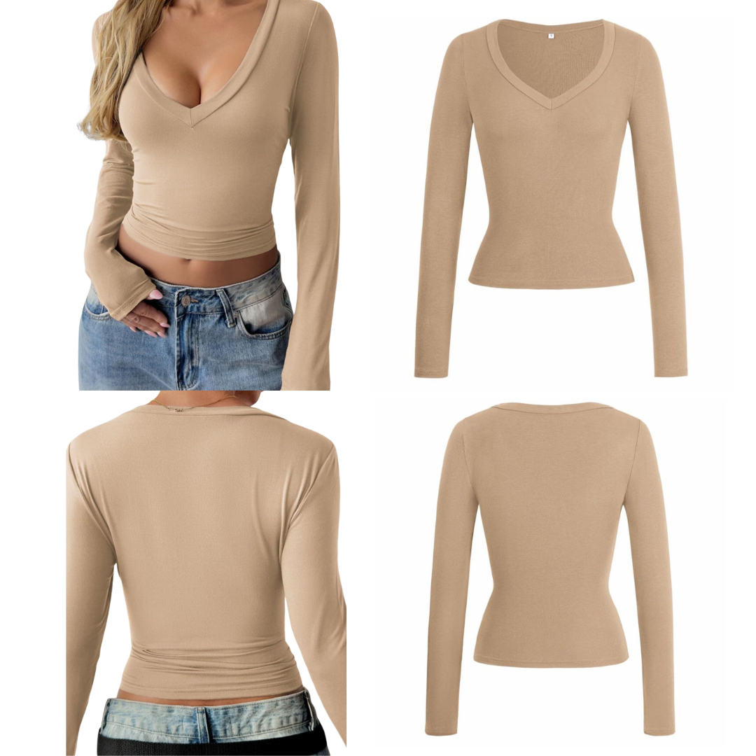 Camiseta con cuello en V y manga larga