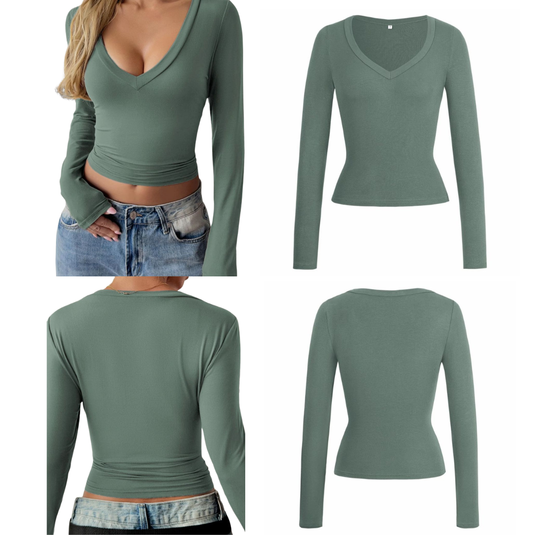 Camiseta con cuello en V y manga larga