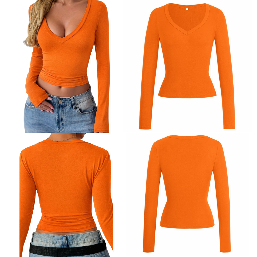 Camiseta con cuello en V y manga larga