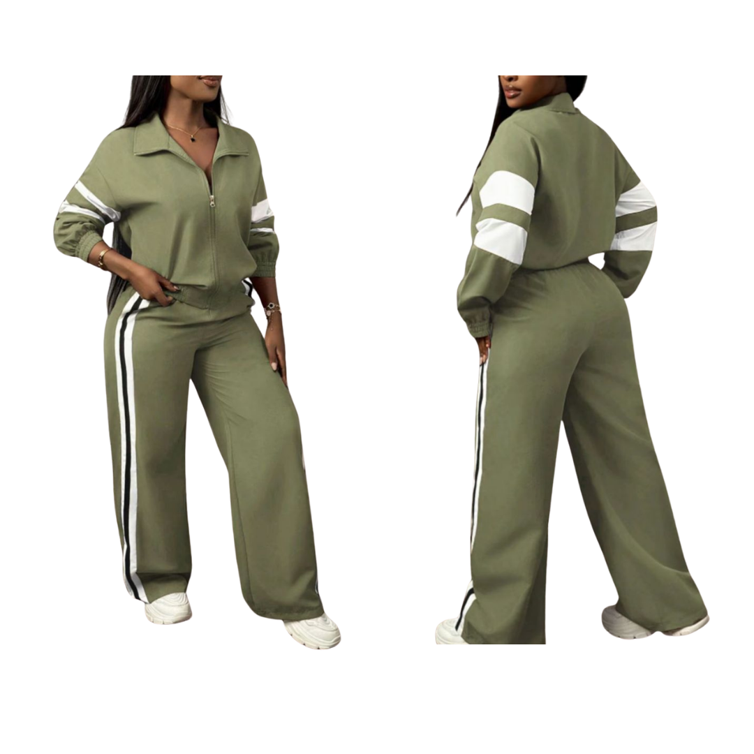 Conjunto de chaqueta con cremallera y pantalones a rayas de pierna ancha