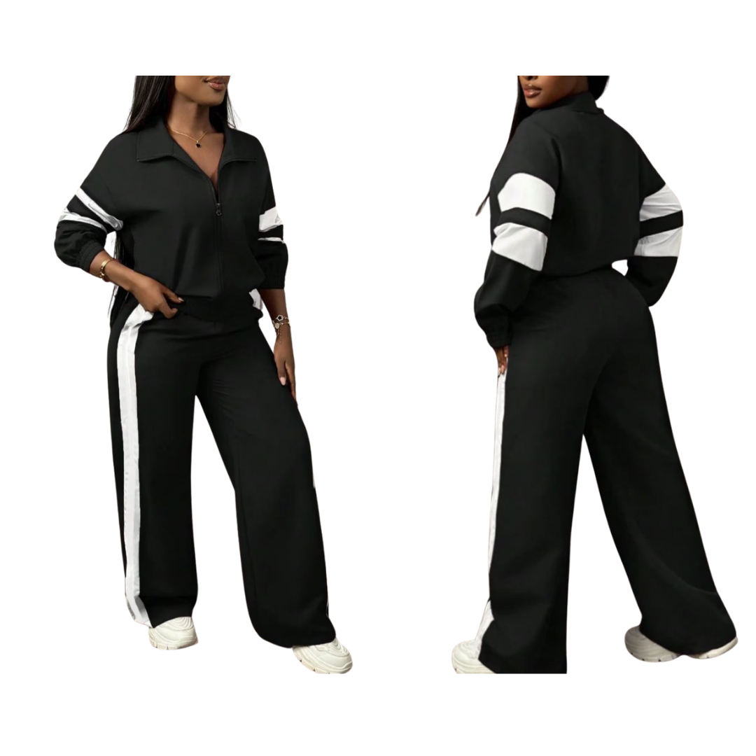 Conjunto de chaqueta con cremallera y pantalones a rayas de pierna ancha