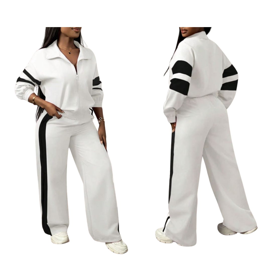 Conjunto de chaqueta con cremallera y pantalones a rayas de pierna ancha
