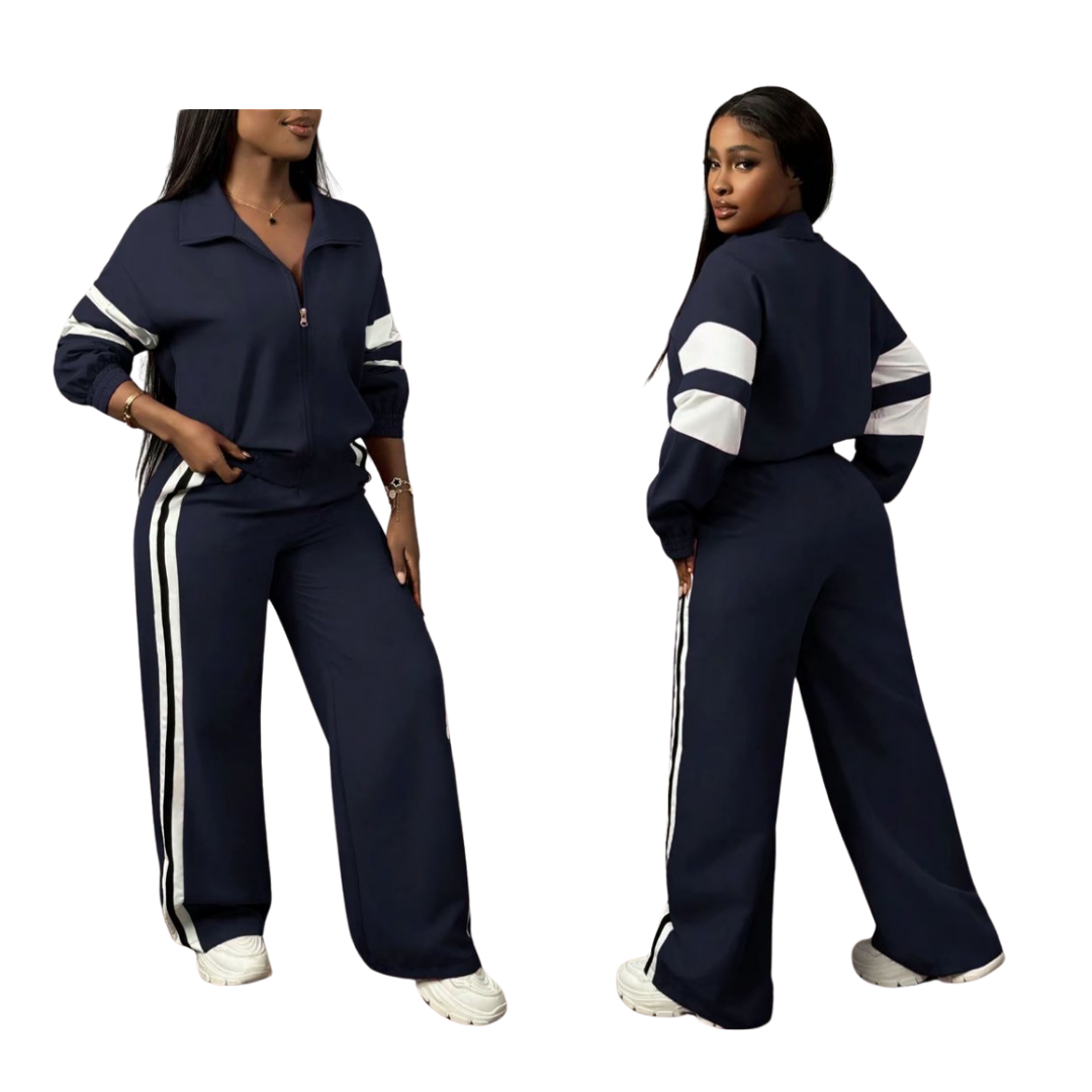 Conjunto de chaqueta con cremallera y pantalones a rayas de pierna ancha