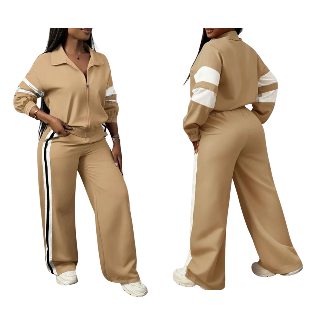 Conjunto de chaqueta con cremallera y pantalones a rayas de pierna ancha