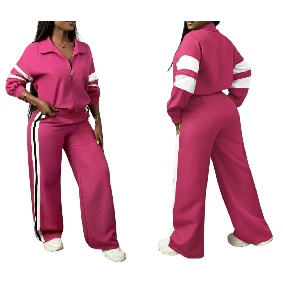 Conjunto de chaqueta con cremallera y pantalones a rayas de pierna ancha