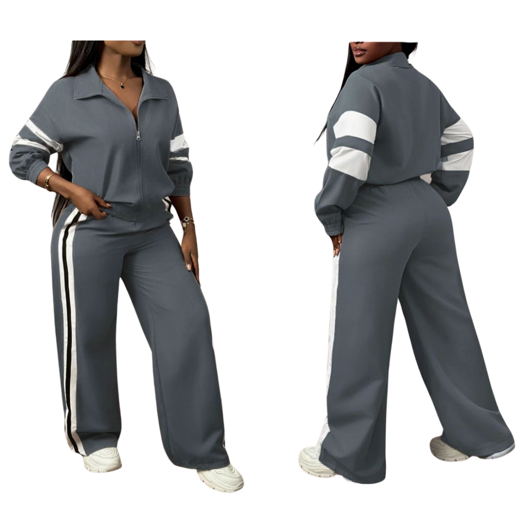 Conjunto de chaqueta con cremallera y pantalones a rayas de pierna ancha