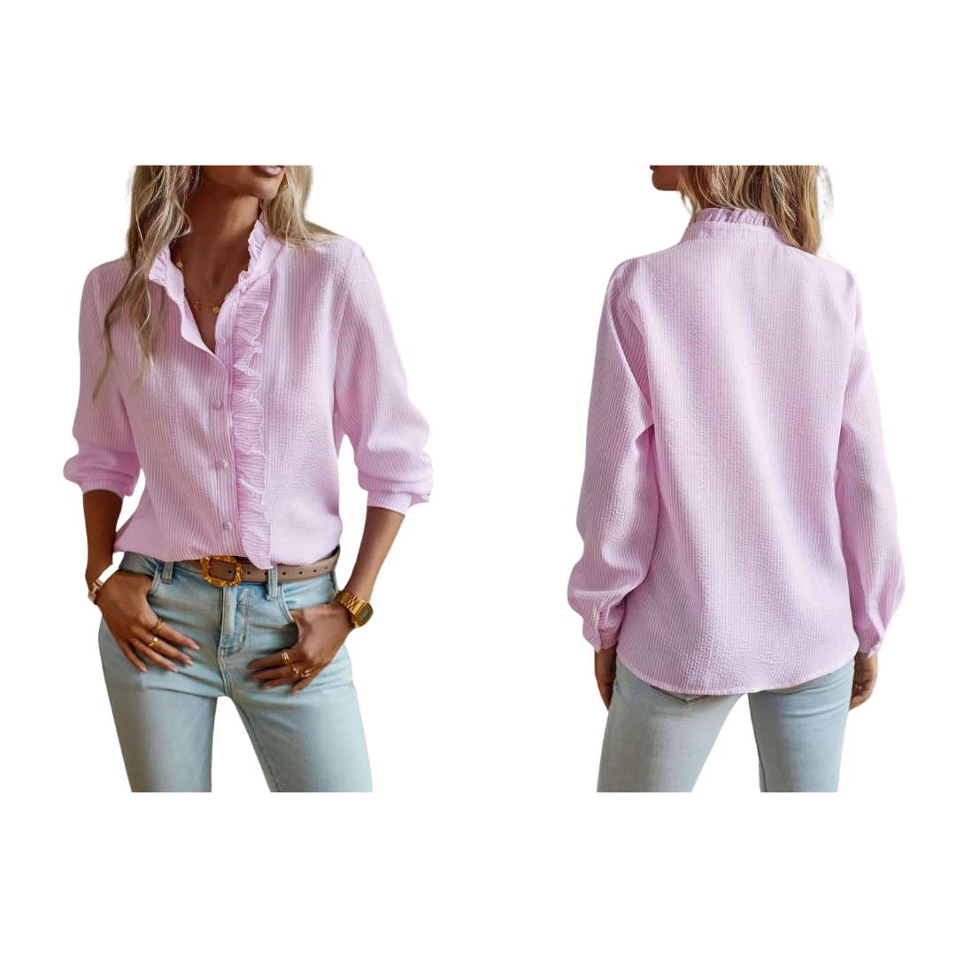 Blusa lisa de mujer con ribete de volantes y botones delanteros