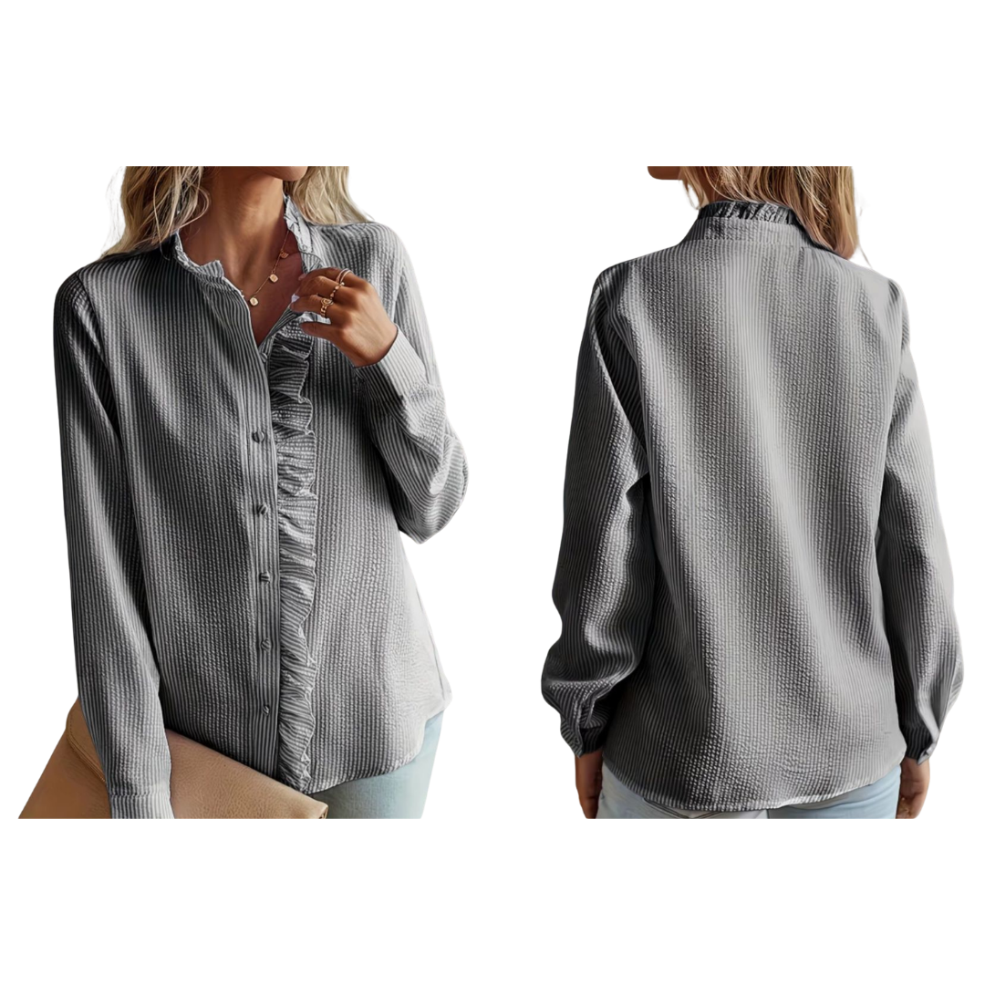 Blusa lisa de mujer con ribete de volantes y botones delanteros