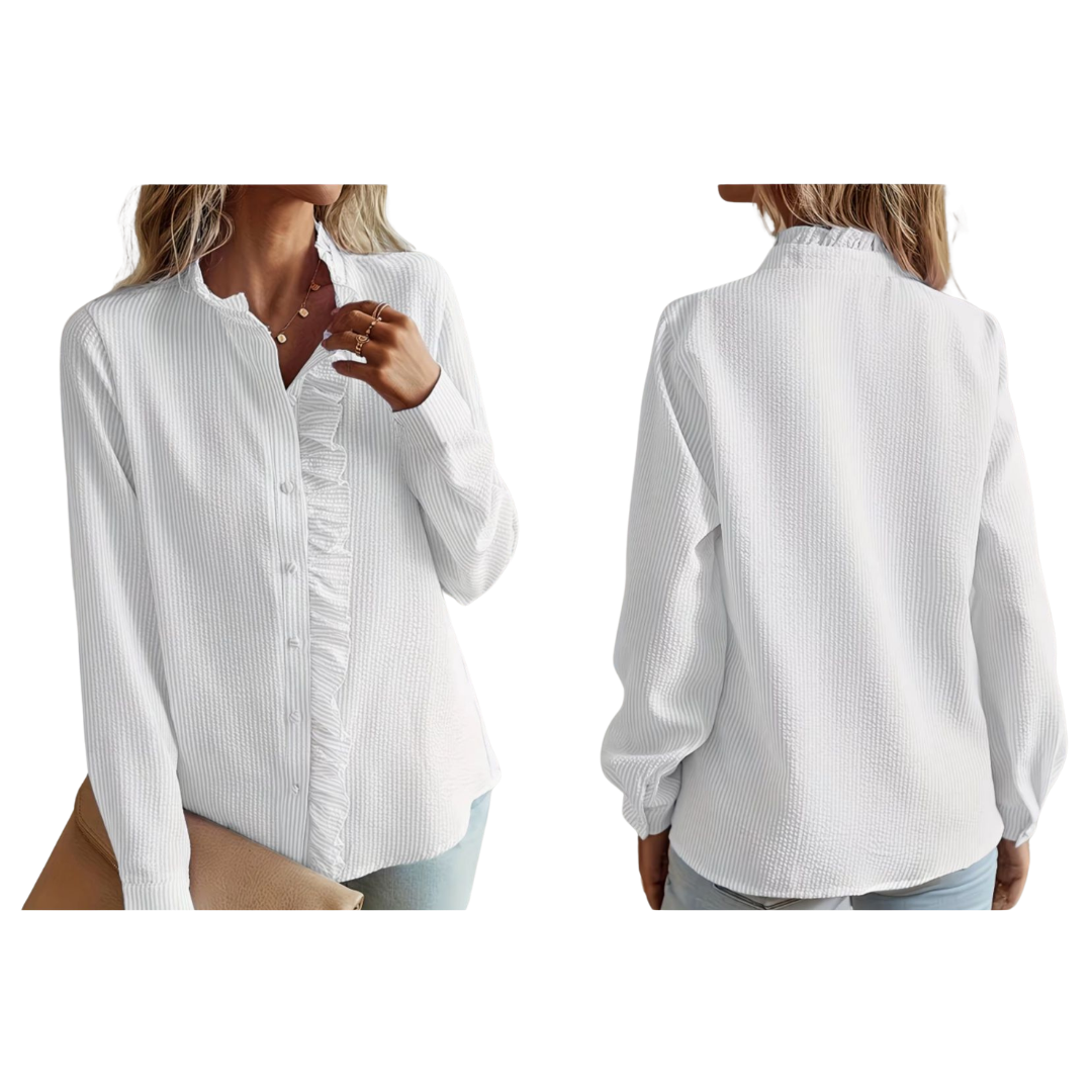 Blusa lisa de mujer con ribete de volantes y botones delanteros