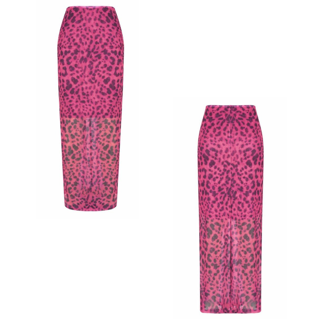 Falda de malla con estampado de leopardo y cintura alta