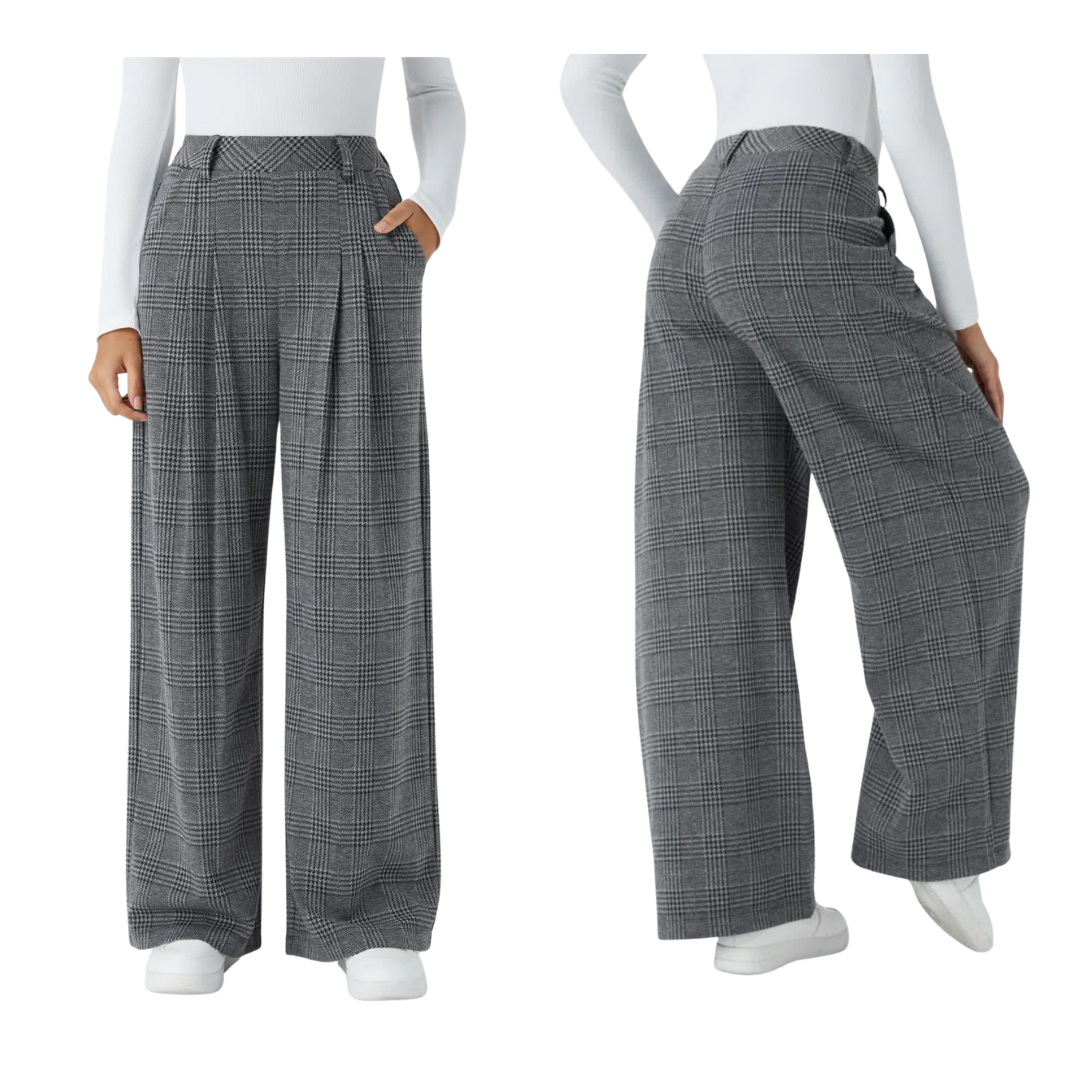 Pantalones casuales de pierna ancha con cintura alta y bolsillos de cuadros pata de gallo