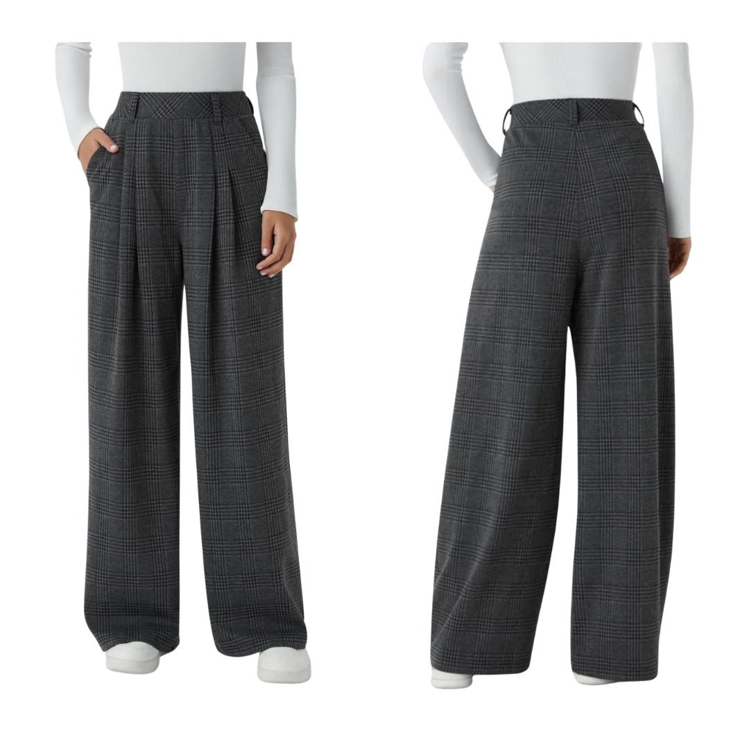 Pantalones casuales de pierna ancha con cintura alta y bolsillos de cuadros pata de gallo