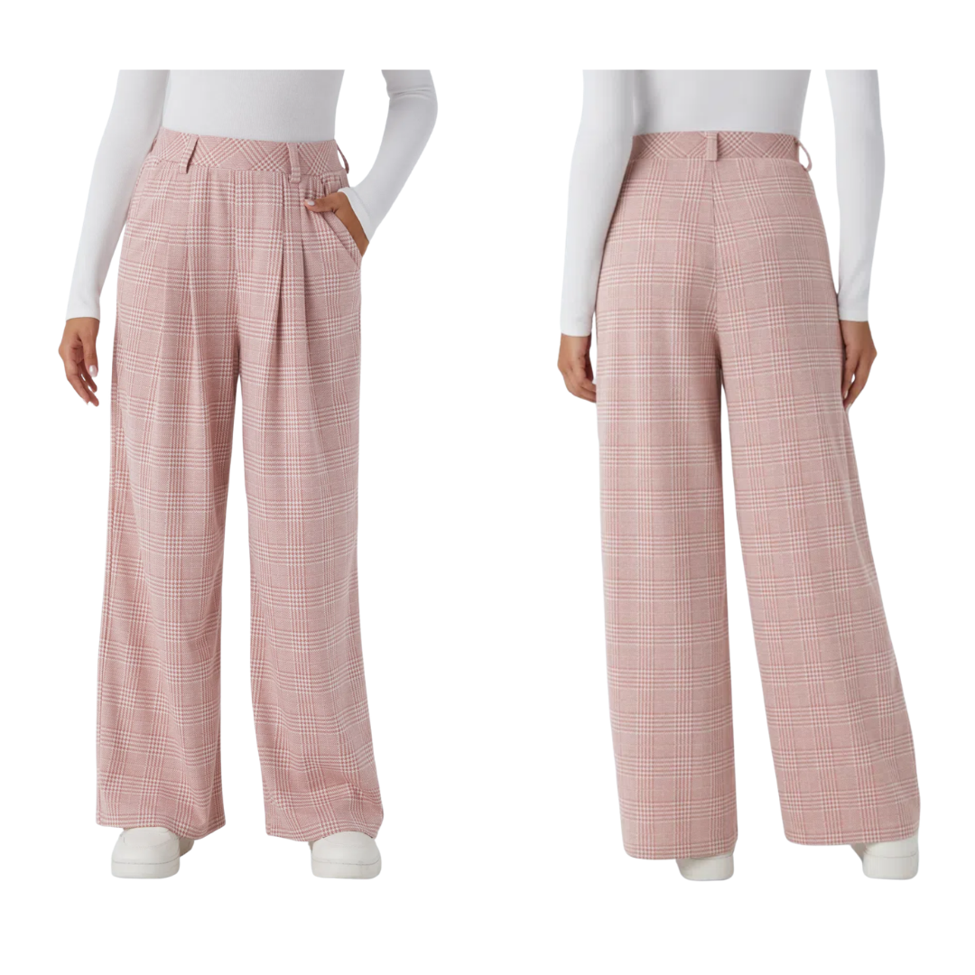 Pantalones casuales de pierna ancha con cintura alta y bolsillos de cuadros pata de gallo