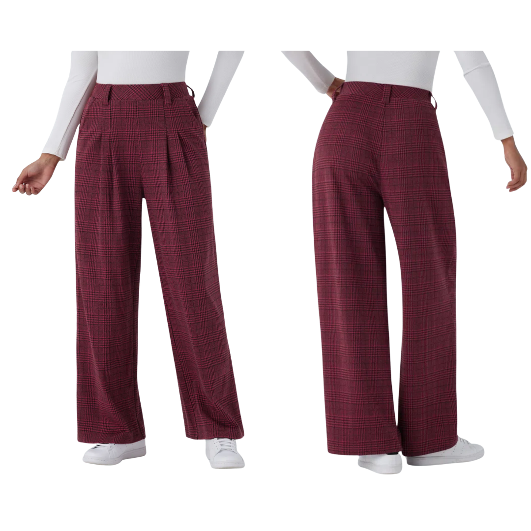 Pantalones casuales de pierna ancha con cintura alta y bolsillos de cuadros pata de gallo