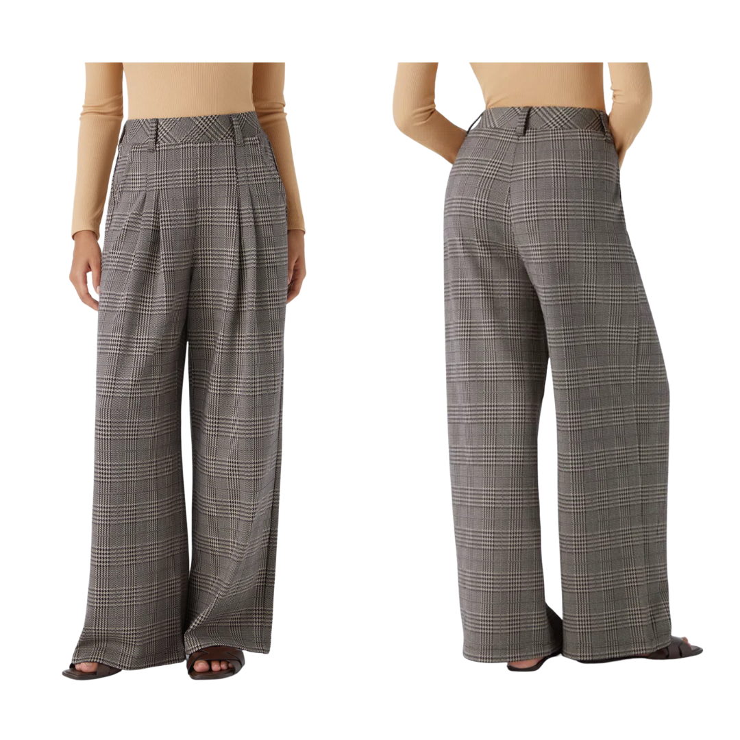 Pantalones casuales de pierna ancha con cintura alta y bolsillos de cuadros pata de gallo
