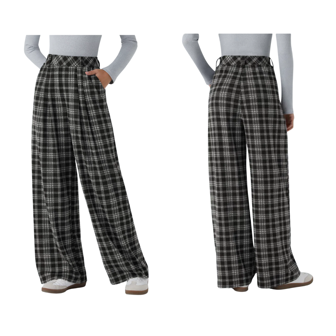 Pantalones casuales de pierna ancha con cintura alta y bolsillos de cuadros pata de gallo