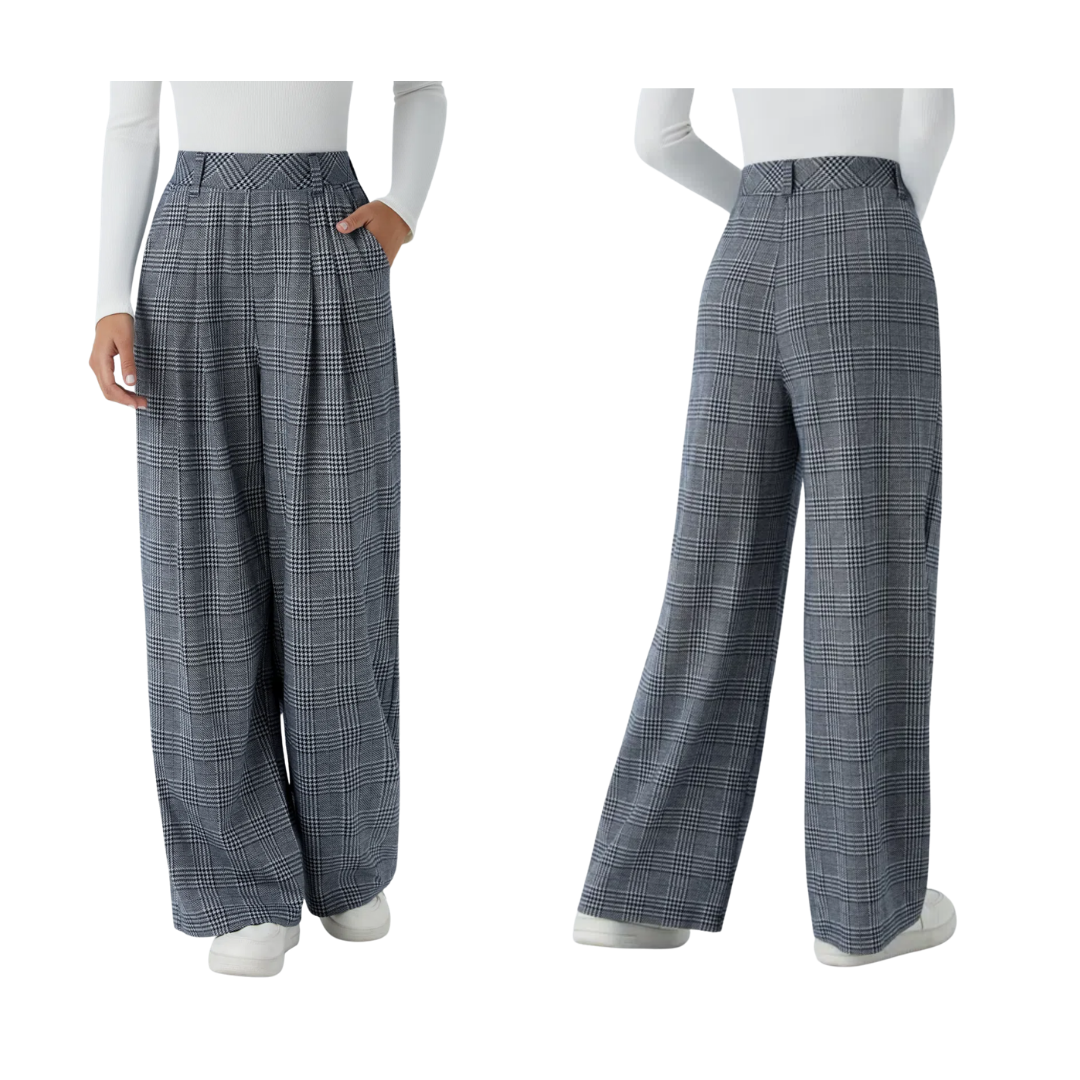 Pantalones casuales de pierna ancha con cintura alta y bolsillos de cuadros pata de gallo
