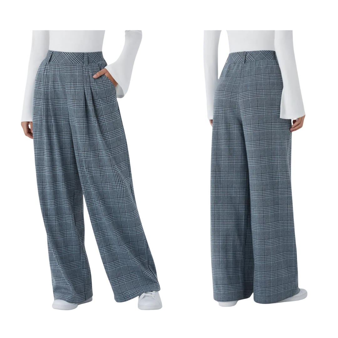 Pantalones casuales de pierna ancha con cintura alta y bolsillos de cuadros pata de gallo