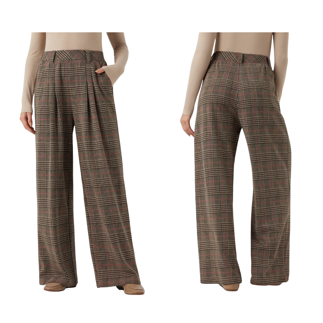 Pantalones casuales de pierna ancha con cintura alta y bolsillos de cuadros pata de gallo
