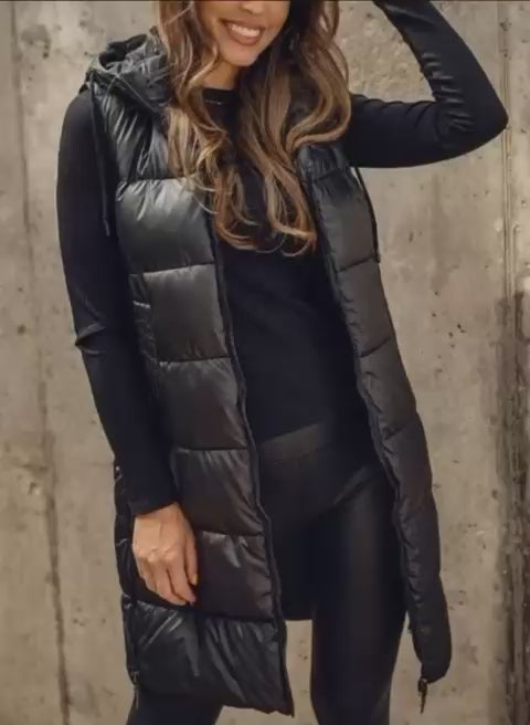 Chaleco largo acolchado con capucha para mujer