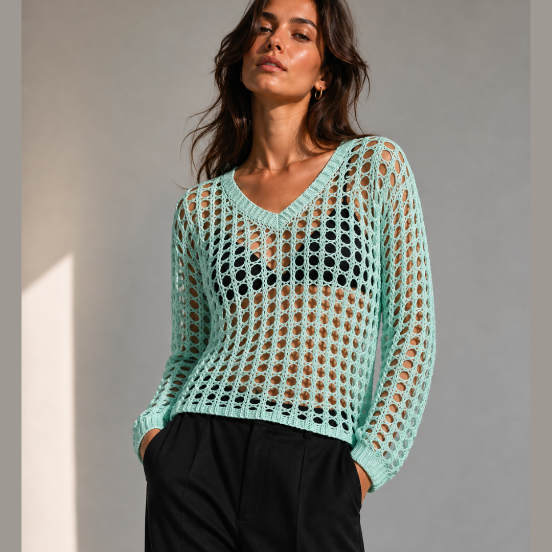 Top de mujer informal de ajuste holgado con cuello en V, diseño calado para toda estaciones