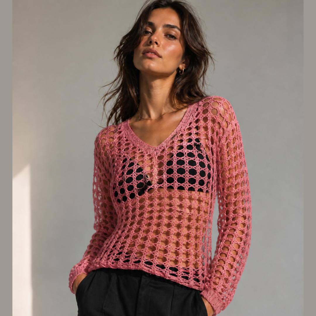Top de mujer informal de ajuste holgado con cuello en V, diseño calado para toda estaciones